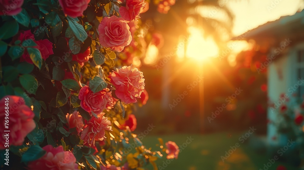 Wall mural The sun is painting the sky in vibrant hues as it dips below the horizon behind a blooming rose bush, casting a warm glow on the petals and leaves