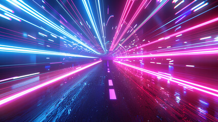 Long exposure of pink and blue neon light trails streaking over a wet road, conveying a sense of rapid motion and night-time energy.
