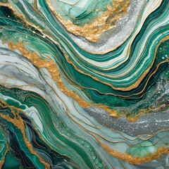 a captivating abstract artwork featuring intricate patterns resembling veins of green and silver marble coursing through the canvas. Use fluid acrylic pours or resin techniques to create organic textu