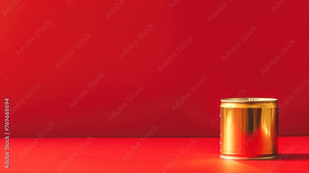 Poster a gold-colored metal can against a bright red background with ample empty space on the right side.
