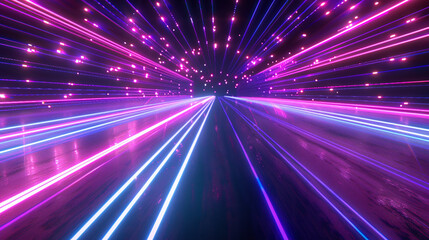 Streaks of neon pink and blue light particles rushing forward, creating a sense of hyper-speed movement through space
