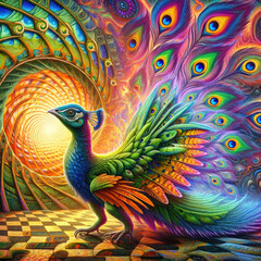 A colorful peacock is standing in front of a spiral. The peacock is surrounded by a rainbow of colors, and the spiral is also multicolored. The image has a dreamy, whimsical