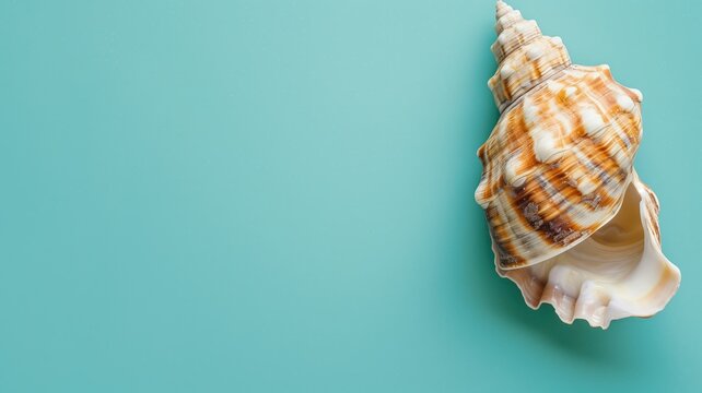 A spiral seashell positioned on the top left of a plain turquoise background with ample copy space.