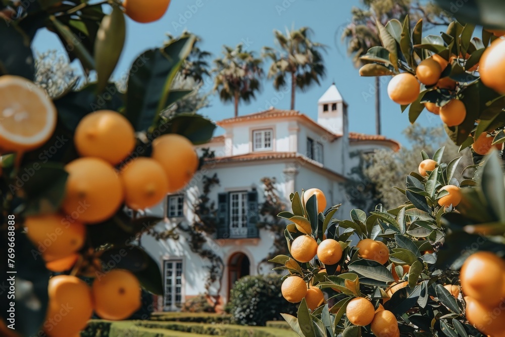 Canvas Prints A vibrant orange tree stands tall in front of a charming house, showcasing its lush foliage and juicy fruits under the sunlight