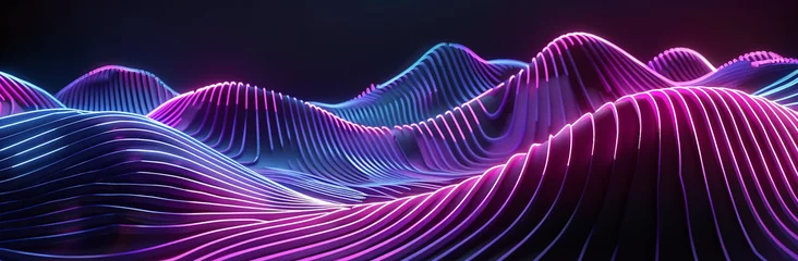 Fotobehang A 3D digital art piece showcasing waves formed by neon glowing lines in a mesmerizing pattern of pink and blue against a dark background © Mateusz