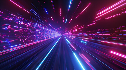 A high-speed journey through a tunnel of vibrant neon light trails, simulating a hyperspace jump in outer space - obrazy, fototapety, plakaty