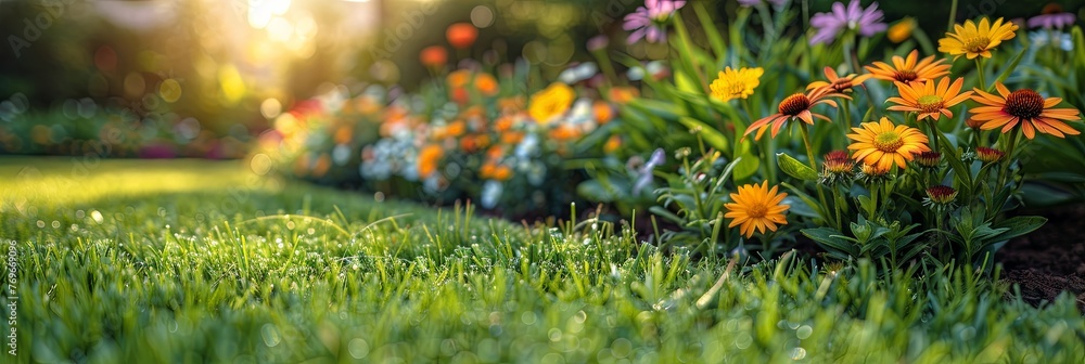 Poster a vibrant row of colorful flowers blooming in the lush green grass, creating a mesmerizing display o