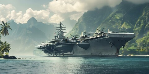 World War II aircraft carrier with planes on deck anchored near tropical island. Concept History, Military, Aviation, World War II, Tropical Island