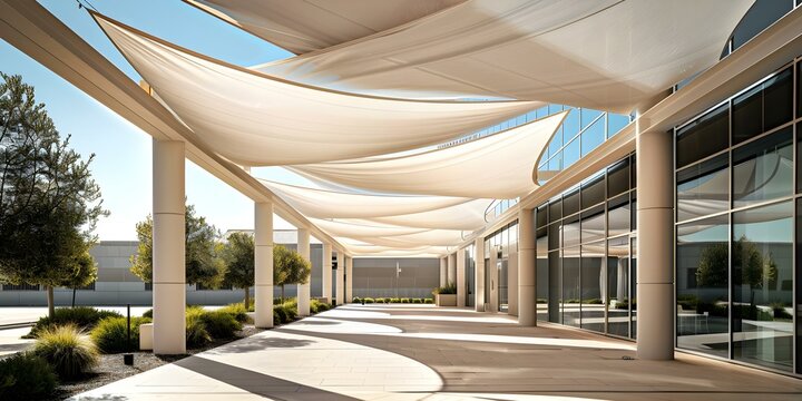 Large pieces of durable fabric stretched and anchored to create shaded spaces underneath a gamechanger in shade cover solutions. Concept Outdoor Shade Structures, Sun Protection, Fabric Canopies
