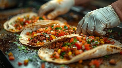 A person wearing gloves is making tacos with meat and vegetables on a metal surface - obrazy, fototapety, plakaty