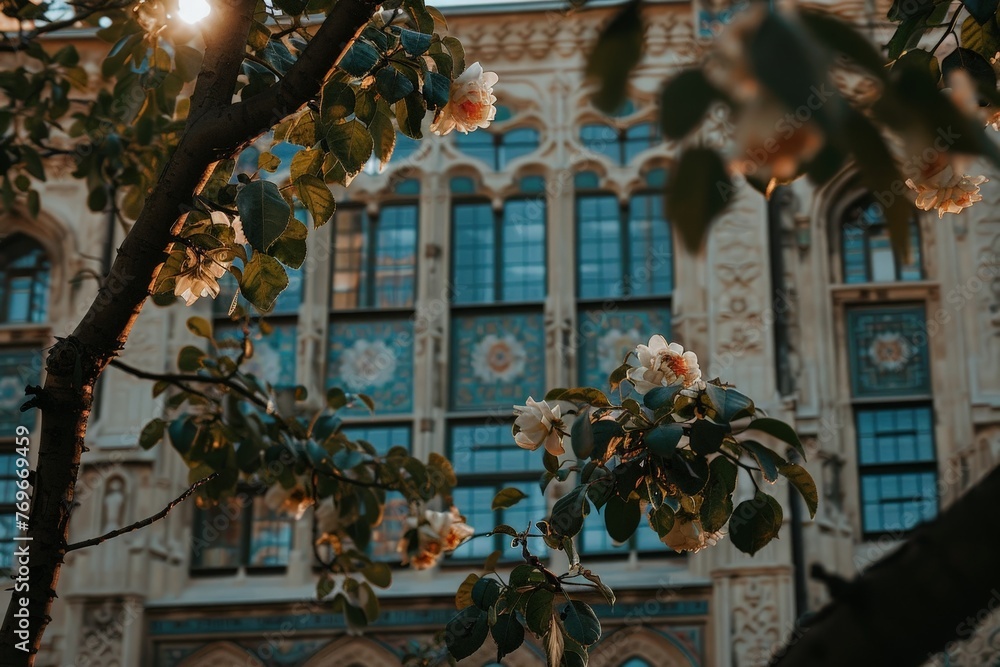 Poster A majestic building stands tall as a colorful array of flowers grace its front, creating a breathtaking sight