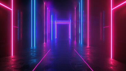 Futuristic corridor illuminated by vibrant neon lights in pink and blue, creating a mysterious and modern atmosphere