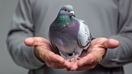 Senior man, pigeon breeder holds purebred pigeon in his hands © Nataliya