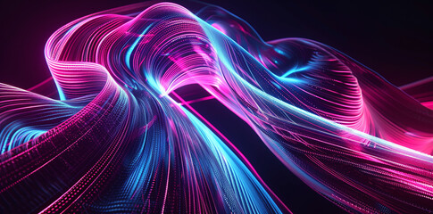An abstract landscape of undulating neon light waves, where pink and blue merge in a dynamic and vibrant digital environment.
