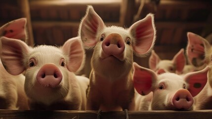 A group of piglets peering over a fence with an inquisitive gaze, capturing the playful essence of farm life. - obrazy, fototapety, plakaty