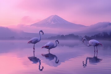 Flamingos at Lakeside with Majestic Mount Fuji at Dawn - obrazy, fototapety, plakaty