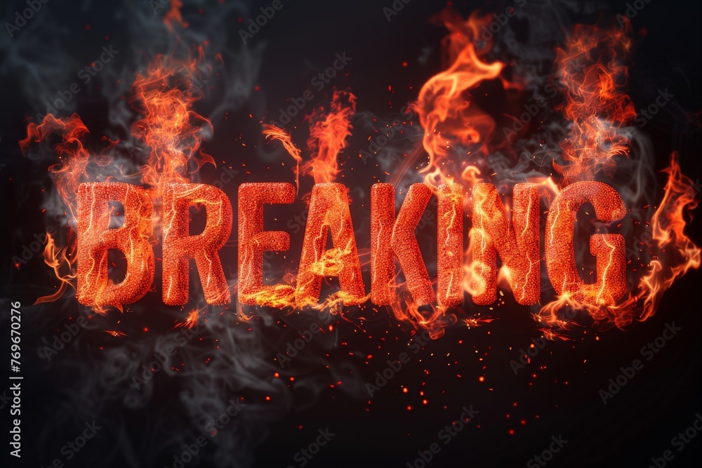 Poster the word breaking depicted in flames, symbolizing a powerful and dynamic process of change and trans
