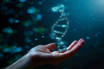 A hand presenting a DNA molecule