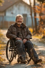 an inspirational and motivational disabled happy man sitting on a wheelchair on the street road