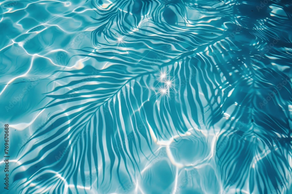 Poster a tranquil scene unfolds as a vibrant palm leaf gently drifts in a sparkling blue pool, creating a s