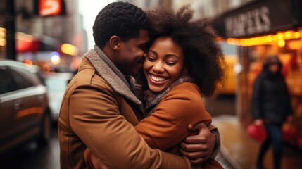 Fototapeta premium Happy African American couple hugging on the street in the city.