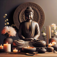 Ein Buddha mit Kerzen und Blumen