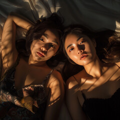 A couple of beautiful Asian women are lying on the bed, illuminated by golden hour lighting and surrounded by dramatic shades