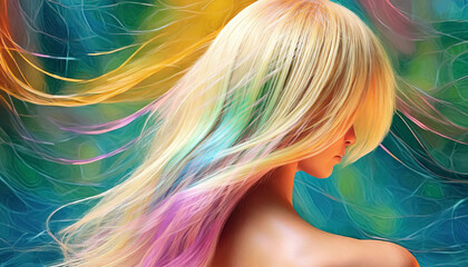 Magnifique portrait très colorés d'une femme blonde vue de dos, très longue chevelure multi couleurs, format 16/9  - obrazy, fototapety, plakaty