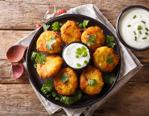 indian potato patties aloo tikki served with yogurt close up in a dish on the table