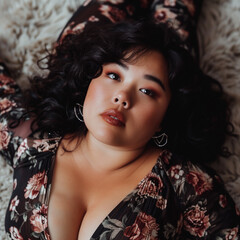 curly asian plus size girl lying on the bed