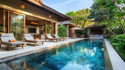 Home or house Exterior design showing tropical pool villa with sun bed,้luxury home interior Swimming pool in tropical garden pool villa feature floating balloon,slice of paradise with private pool 
