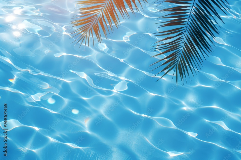 Poster a palm leaf gracefully drifts in a tranquil pool, creating mesmerizing ripples on the surface of the