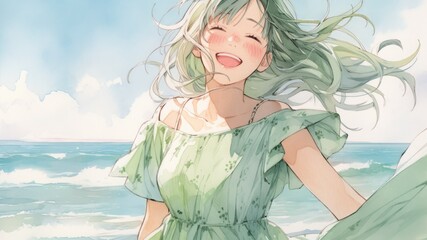 夏のビーチと緑のワンピースを着た笑顔の女性_2 - obrazy, fototapety, plakaty