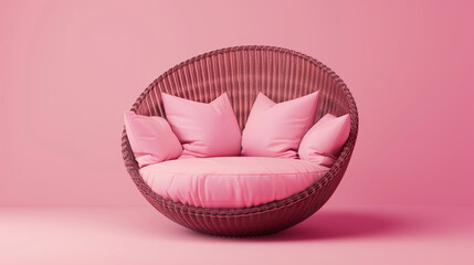 A round armchair in the shape of circle. Rattan sofa with pillows, outdoor. Monochrome pink isolated on pastel pink. 3d rendering sofa. Creative fashion concept for relax. Relax concept.