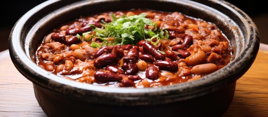 A bowl of chili, a staple food, with beans and green onions served on a wooden table. This dish is a popular fast food option in American cuisine