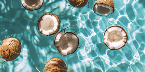 overhead view of fresh coconuts floating in a summer swimming pool