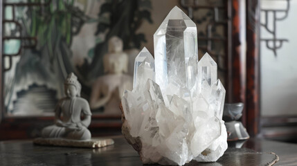 A serene quartz crystal setup featuring a Buddha statue in the background symbolizing peace and spirituality