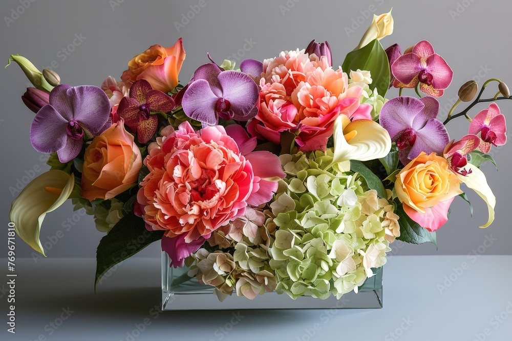 Poster A vibrant vase overflows with a variety of colorful flowers, creating a kaleidoscope of hues and textures against a soft backdrop