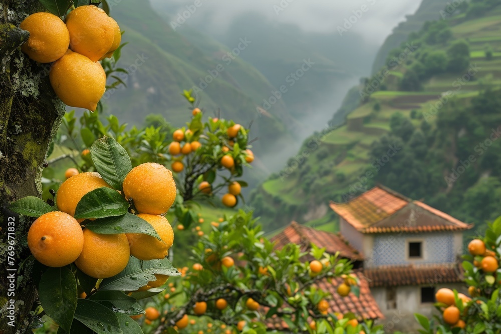Poster ripe oranges gleam in the sunlight as they hang from branches of a citrus tree nestled in a mountain