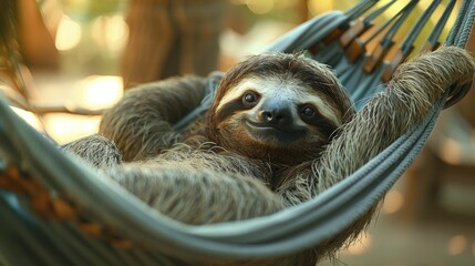 Fototapeta premium Picture a sloth lounging in a hammock against a serene slow travel backdrop, embodying the charm of leisurely scenic routes.