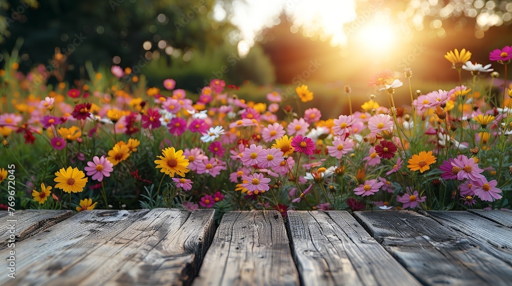 Poster a wooden table covered in a variety of colorful flowers, creating a vibrant and natural display