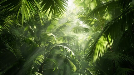 A jungle canopy texture, with layers of lush green leaves and dappled sunlight filtering through, conveying the dense and untamed wilderness created with Generative AI Technology - obrazy, fototapety, plakaty
