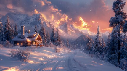 Winter Wonderland: A snowy landscape with a cozy cabin and snow-covered trees, portraying the enchantment of winter travel.