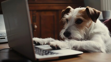 A small dog with white and brown fur, black nose, and dark eyes is captivated by a laptop screen. It gazes at a blank document, paws on keyboard, tail wagging, in a cozy setting.