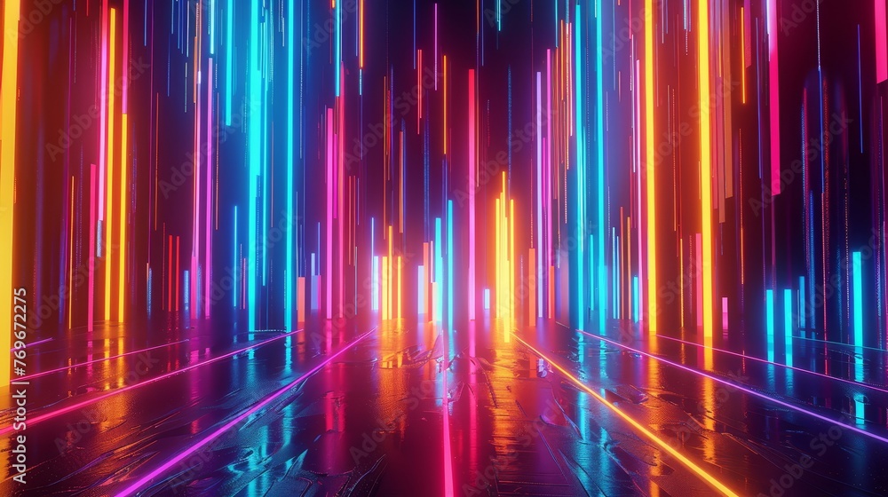 Poster an abstract visual with a multicolor spectrum background, neon neon rays of orange and blue, and vib