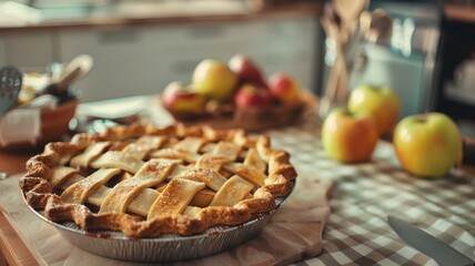 Freshly baked apple pie on a kitchen counter, with blurred fruits and kitchenware in the background. - obrazy, fototapety, plakaty