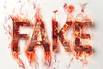 The word fake burns brightly in flames, symbolizing lies and deceit engulfed in fire