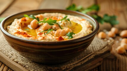 A bowl of creamy hummus topped with chickpeas, olive oil, and a sprinkle paprika on wooden table.