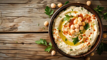 A bowl of creamy hummus topped with chickpeas, olive oil, paprika, and parsley on a rustic wooden surface.