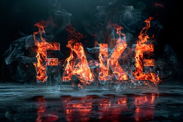 The word fake burning in fiery flames, symbolizing the destruction of falsehood and deceit - obrazy, fototapety, plakaty